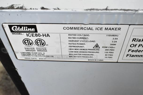 2024 Coldline ICE80-HA commercial undercounter ice machine label showing model details, voltage, and certifications.