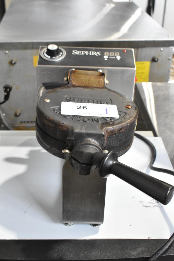 Sephra SEMANWB Countertop Waffle Maker, 120V, 1 Phase, features control dial, used condition, visible wear on cooking surface.