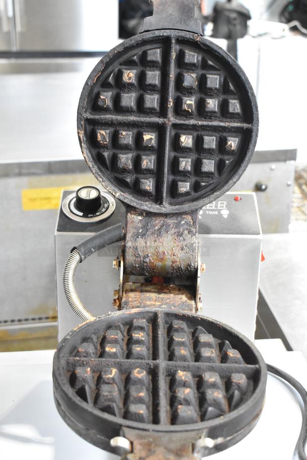 Sephra SEMANWB countertop waffle maker, 120V, 1 Phase, used condition, visible wear and rust, adjustable temperature dial.