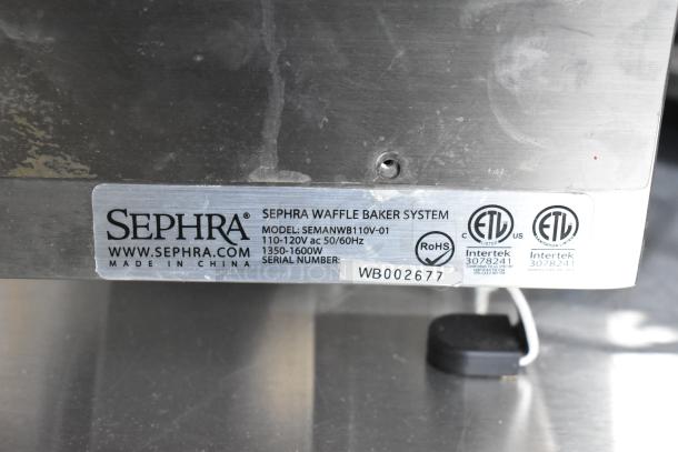 Sephra SEMANWB Countertop Waffle Maker, 120V, 1 Phase, ETL certified. Model label shows serial number WB002677.