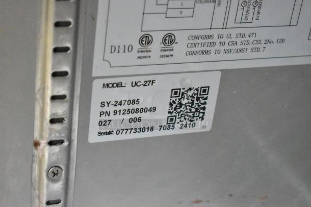 Label on 2024 Coldline UC-27F Undercounter Freezer, showing model and serial numbers, compliance with UL, CSA, and NSF standards.
