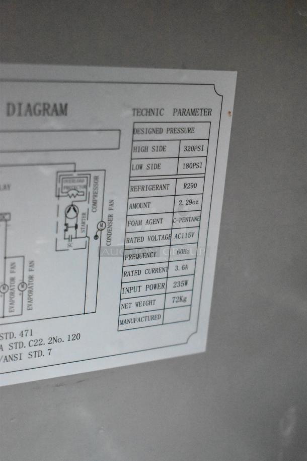 2024 Coldline UC-27F undercounter freezer label showing specs: 115V, R290 refrigerant, 235W, commercial casters.