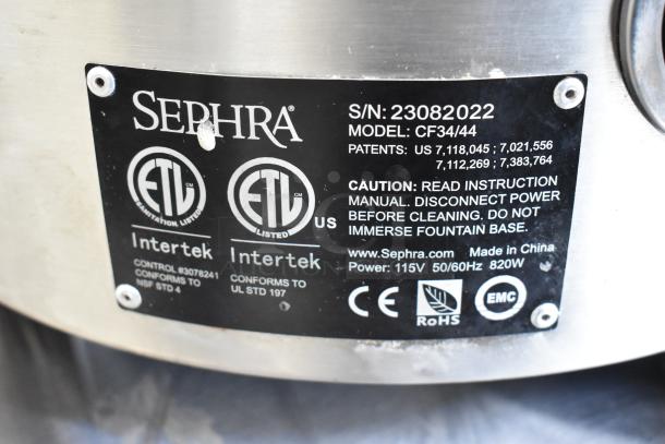 Sephra CF34/44 Four in One Cascade Chocolate Fountain label showing serial, model numbers, and safety certifications.