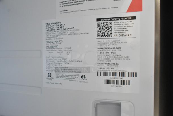 Frigidaire GRMS2773AF03 French door cooler with freezer label, 26.3 cu. ft., 115 volts, 1 phase, energy-efficient.
