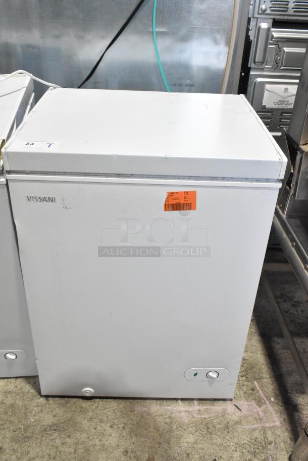 Vissani HMCF5W5 5.0 cu. ft. chest freezer, manual defrost, 115V, white, features visible labels, gently used condition.