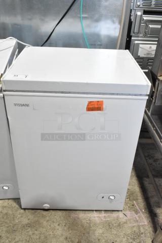 Vissani HMCF5W5 5.0 cu. ft. chest freezer, manual defrost, 115V, white, features visible labels, gently used condition.