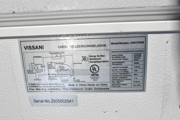 Vissani HMCF5W5 chest freezer label, manual defrost, 5.0 cu. ft., 115V, 1 phase, energy verified, UL listed, serial 2505002541.