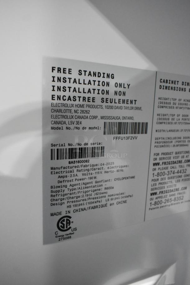 Frigidaire FFFU13F2VV upright freezer label, 13.0 cu. ft. capacity, 115V, Free Standing, CSA certified, made in China.