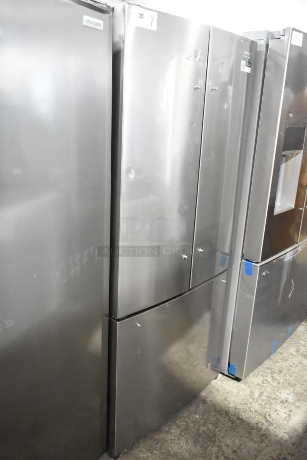 2025 Frigidaire FRFG1723AV04 French door refrigerator, stainless steel, with freezer. 115 volts, 1 phase, model tag visible.