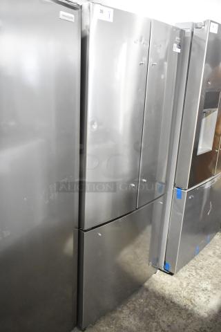 2025 Frigidaire FRFG1723AV04 French door refrigerator, stainless steel, with freezer. 115 volts, 1 phase, model tag visible.