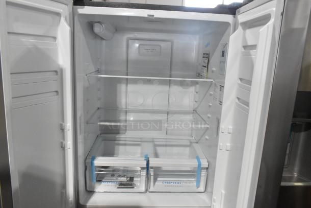 2025 Frigidaire FRFG1723AV04 French Door Cooler with Freezer, 115V, 1 Phase, empty interior view, glass shelves.