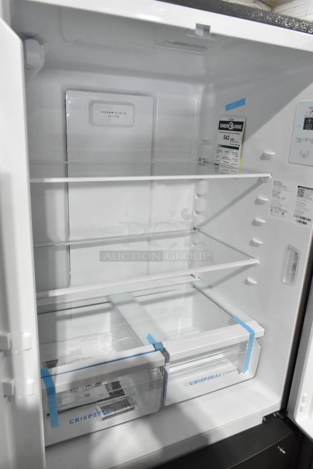 2025 Frigidaire FRFG1723AV04 French Door Cooler, features spacious shelves, CrispSeal drawers, PureAir Ultra II filter, and energy guide label.