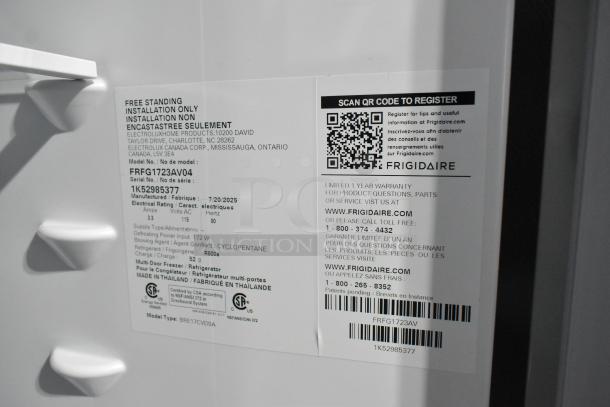 Frigidaire FRFG1723AV04 label showing model, serial number 1K52985377, 115V, multi-door with freezer. Made in Thailand.