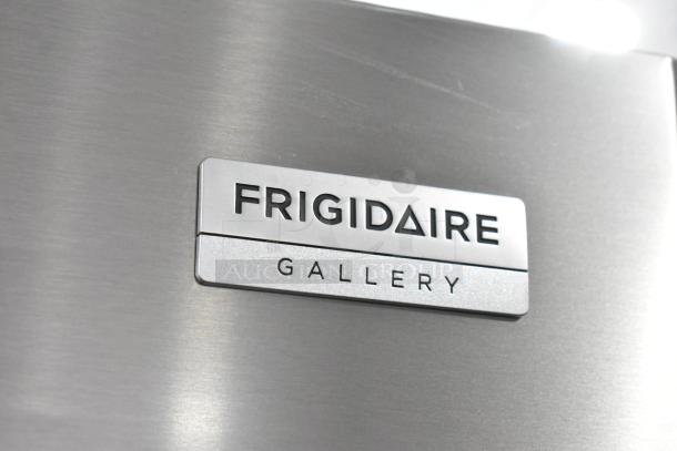 Frigidaire GRFS2853AFL cooler label close-up, stainless steel finish, French door, 115V, scratch and dent condition.