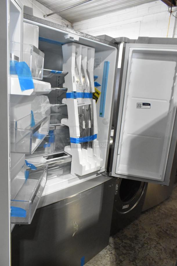 Brand new Frigidaire GRFS2853AFL French door fridge with freezer, 115V, 1 phase. Features visible packaging and minor scratches.