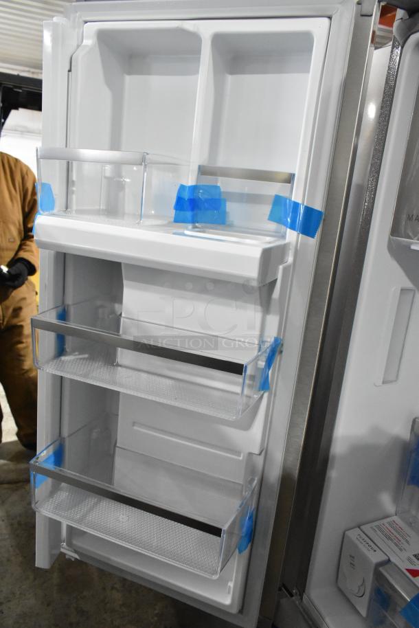 Brand new 2025 Frigidaire GRFS2853AFL French door fridge with freezer, scratch and dent, 115V, blue tape on shelves.