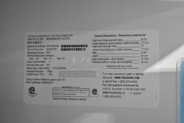 Label on 2025 Frigidaire GRFS2853AFL French Door Cooler with Freezer, 115 Volts, 1 Phase; Made in Mexico; features item dimensions.
