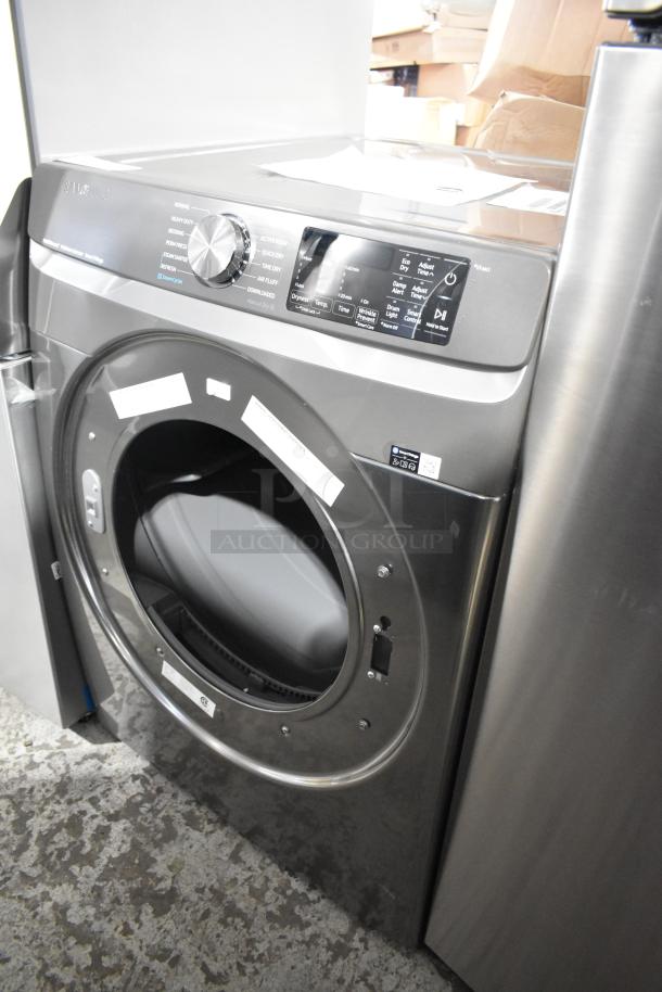 2025 Samsung DVE45B6300P 27" Smart Electric Dryer, 7.5 Cu.Ft. Capacity, with control panel and labels visible.