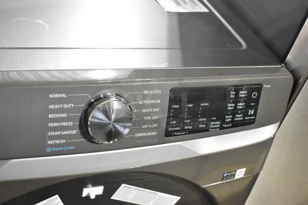 2025 Samsung DVE45B6300P 27" Smart Electric Dryer, 7.5 Cu.Ft., featuring various dry cycles, panel close-up.