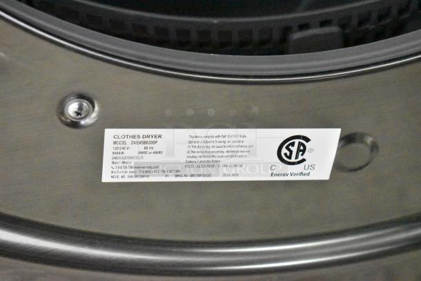 2025 Samsung DVE45B6300P Smart Electric Dryer, 27 inch, 7.5 Cu.Ft., 120/240V, label showing model and specs.