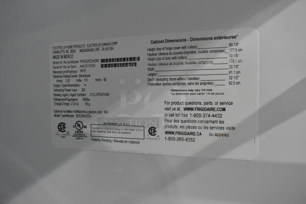Label for 2025 Frigidaire FRSS2623ASM cooler with freezer. Features include 115 volts, 1 phase, and made in Mexico.