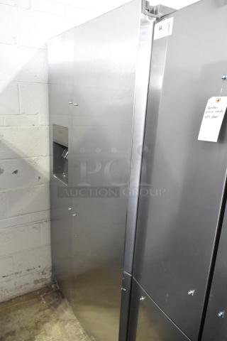 Brand new Frigidaire FRSS2623ASN cooler with freezer, 115V, 1 phase. Scratch and dent condition, note on door indicating broken piece inside left door.