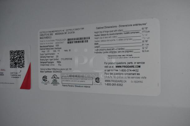 Frigidaire FRSS2623ASN label showing model, electrical specs, dimensions, and certification details. Made in Mexico.