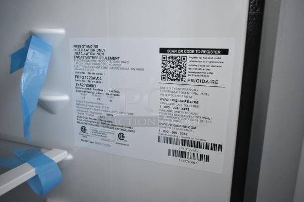 2025 Frigidaire FRFG1723AV04 cooler/freezer, 115V, scratch and dent. Label details model, serial, and warranty info. Brand new.