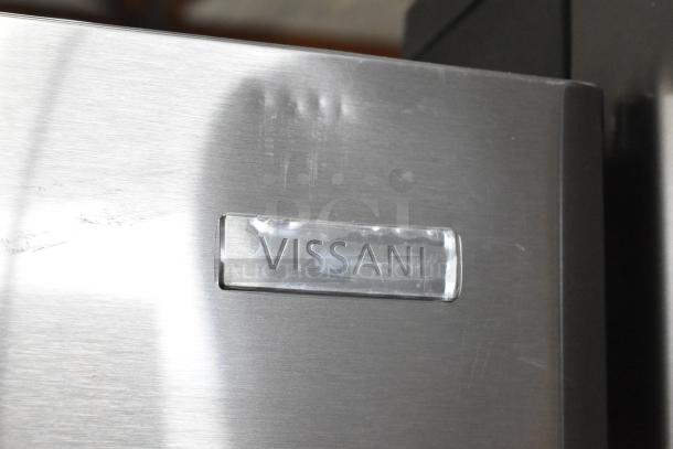 Vissani MDBF18SS French door cooler with visible brand logo, scratches, and dents. 2025 model, 115V, 1 phase.