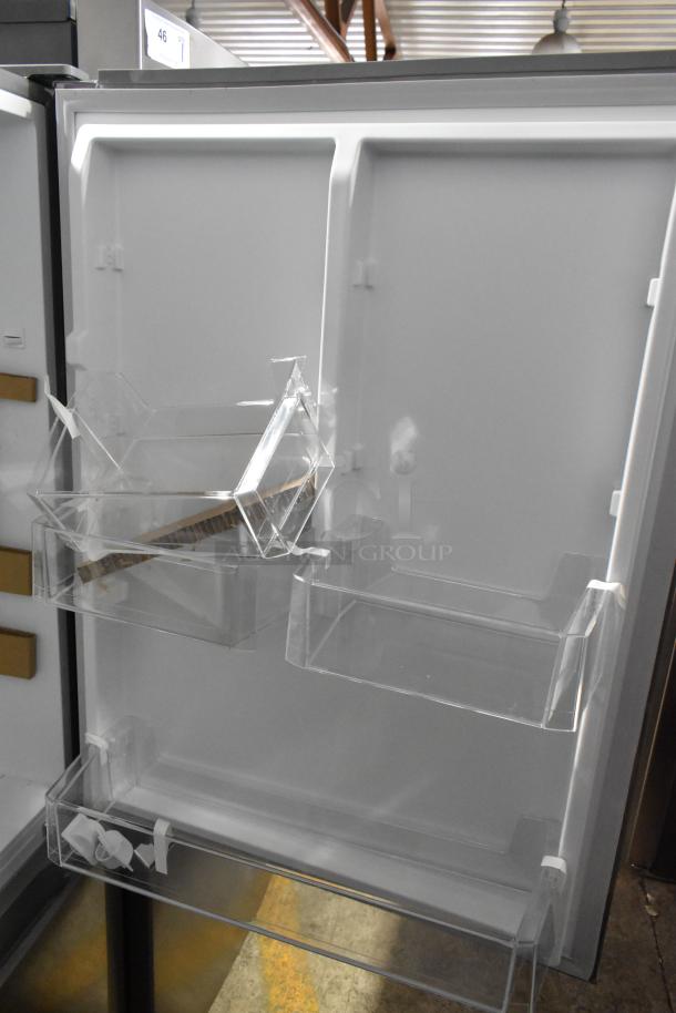 BRAND NEW Vissani MDBF18SS French Door Cooler with Freezer, 115V, 1 Phase. Interior view, clean shelves shown.