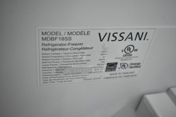Label of Vissani MDBF18SS French Door Cooler, 115V, showing model, power specs, and certifications. Energy Verified.