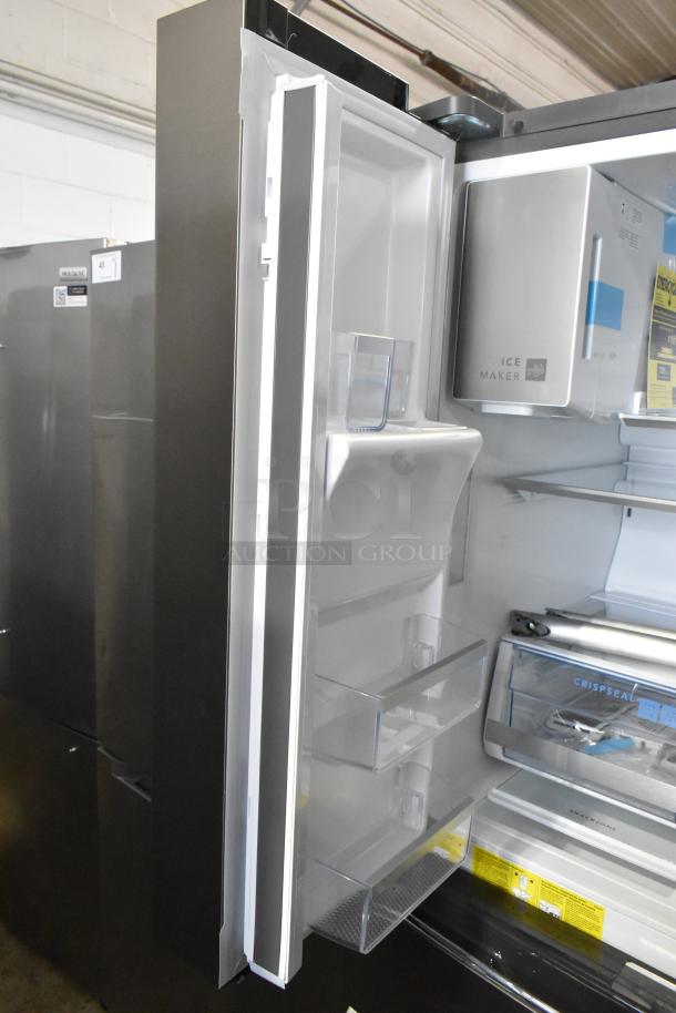 Brand new Frigidaire Gallery GRMS2773AF01 French door cooler with freezer, 2024 model. Visible ice maker. Scratch and dent condition.