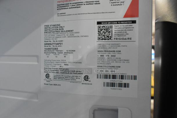 Label on a 2024 Frigidaire Gallery GRMS2773AF01 French Door Cooler with Freezer. Condition: Brand new, scratch and dent. 115 Volts, 1 Phase.
