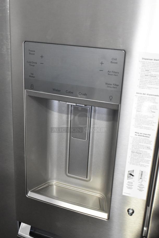 Frigidaire Gallery GRMS2773AF01 French Door fridge, new scratch and dent, dispenser panel shown. 115V, 1 phase.