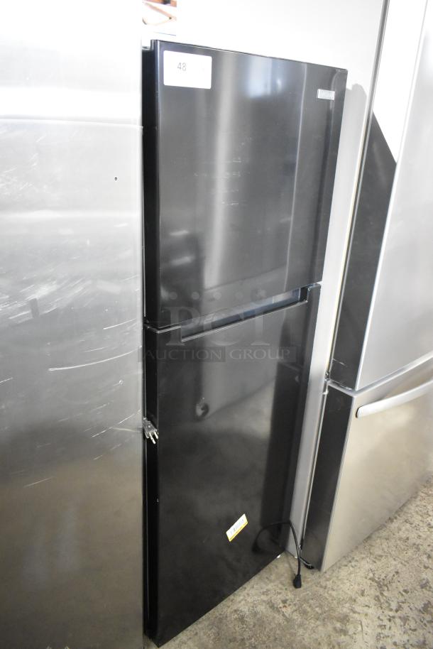 Brand new Vissani MDTF10BKES4 cooler with freezer, 115V, 1 phase, scratch and dent condition. Model label visible.