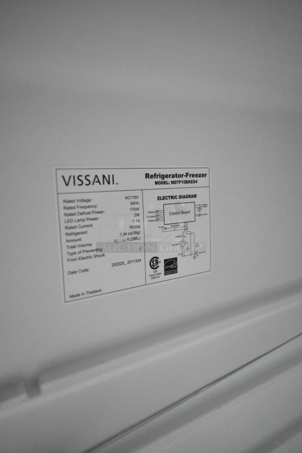 Vissani MDTF10BKES4 cooler and freezer label, 115V, 1 Phase, 10.1 cu.ft, showing specs and electric diagram, made in Thailand.