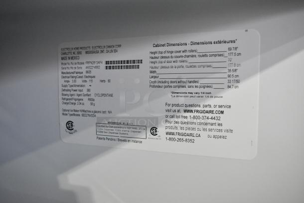 Brand new 2025 Frigidaire FRFN2813AF4 French Door Cooler with Freezer. Features 115 volts, 1 phase. Scratch and dent condition.