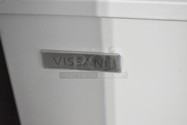Brand new Vissani MDCF9WH chest freezer, 115V, 1 phase. Features scratch and dent marks, visible Vissani label.