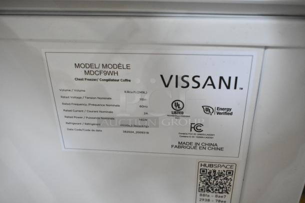 Brand new Vissani MDCF9WH chest freezer label showing model, 115V, 1 phase, 8.8 cu.ft., UL listed, energy verified.