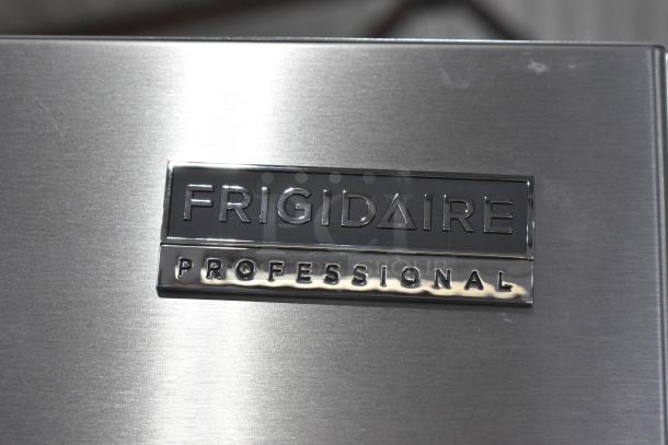 Frigidaire Professional badge on stainless steel surface of PRFS2883AFF French door refrigerator, brand new condition.