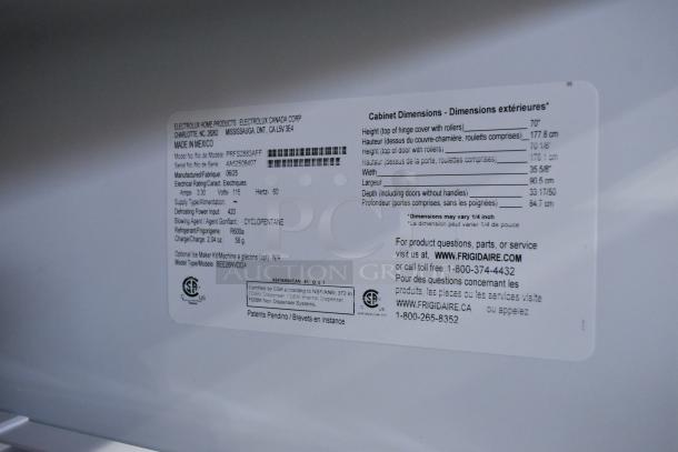Label on Frigidaire Professional PRFS2883AFF fridge. Shows model details, dimensions, and manufacturer info. Made in Mexico.