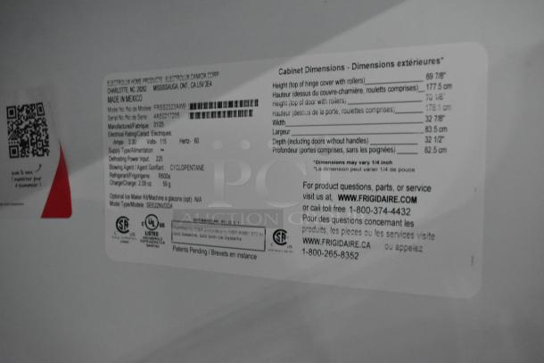 Label of 2025 Frigidaire Professional FRSS2323AW9 cooler shows dimensions, power specs, and refrigerant type. Made in Mexico.