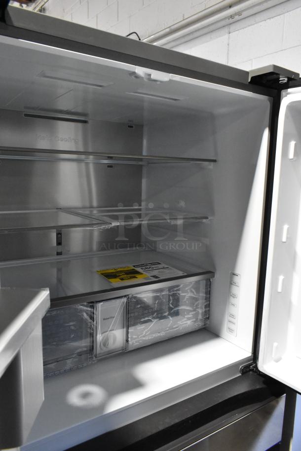 BRAND NEW 2025 Samsung RF29BB8600QL French Door fridge. Interior view with shelves and freezer drawer. Scratch and dent condition.