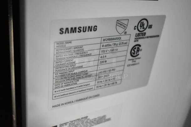 Brand new Samsung RF29BB8600QL French door cooler; scratch and dent condition. Label: 115V, 1 Phase, Made in Korea.