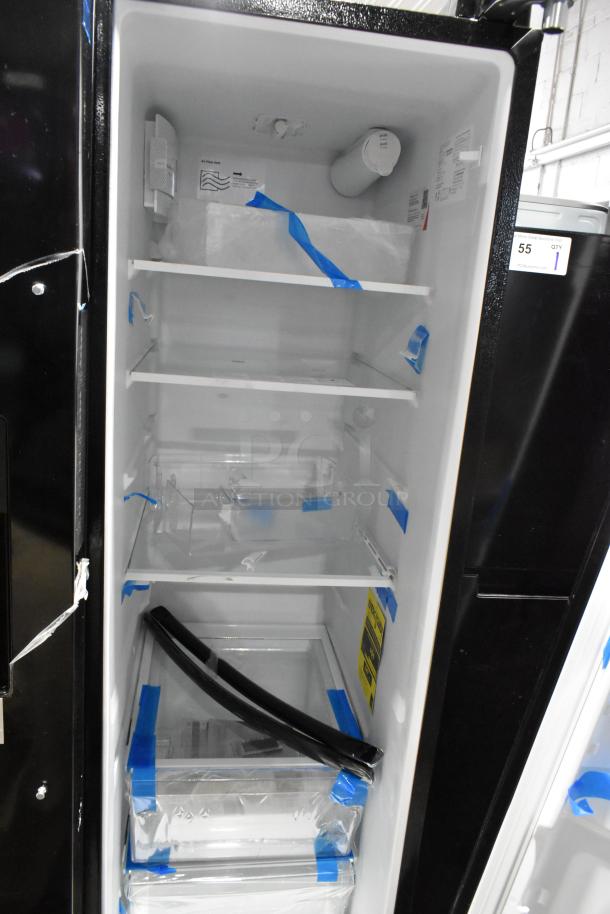 Brand new 2025 Frigidaire FRSS2623ABC French door cooler, visible shelves and packaging, scratch and dent model, 115V.