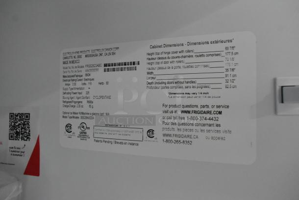 Brand new Frigidaire FRSS2623ABC cooler label. French door, freezer drawer, ice/water dispenser, 115V. Made in Mexico.
