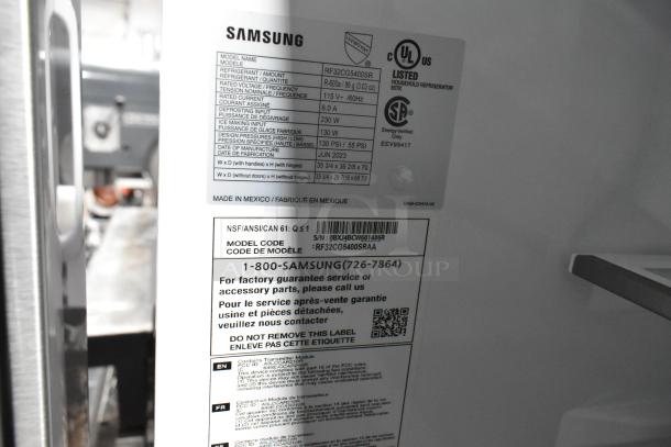 Brand new Samsung RF32CG5400SR French door refrigerator label, showing model, voltage, and specs. Made in Mexico.