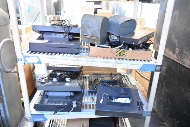 10 various items including POS monitor, receipt printers, and wires on a metal shelf; used condition.