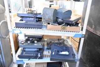 10 various items including POS monitor, receipt printers, and wires on a metal shelf; used condition.