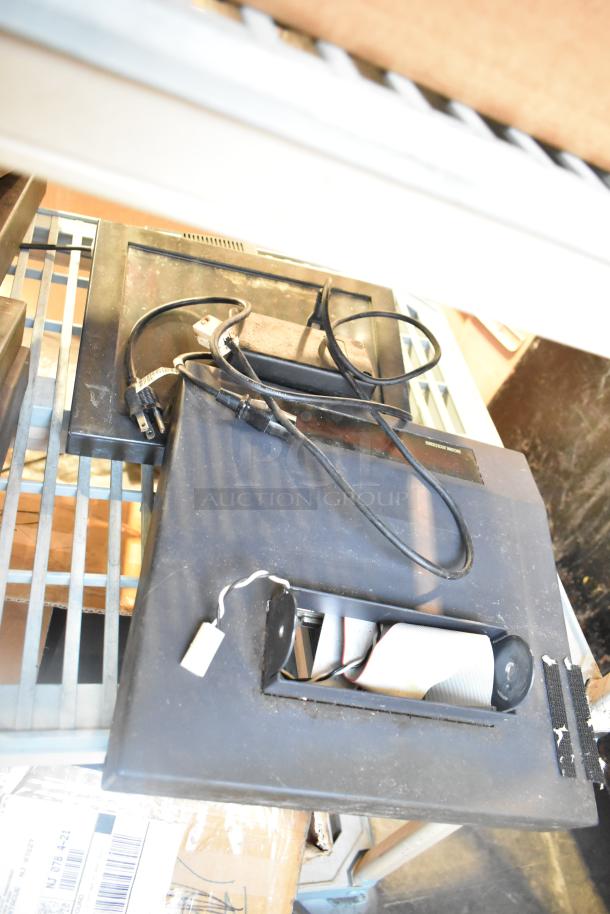 10 various items including a POS monitor, receipt printers, and wires. Used condition, cords and power supply visible.